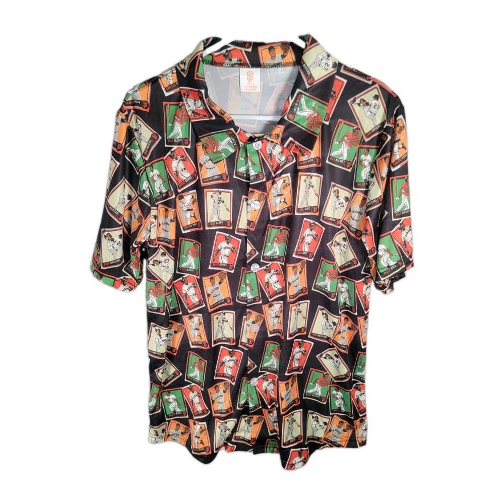 SF Giants Hawaiian Shirt Mens M Baseball Cards Barry Bonds Willie Mays SGA Camp